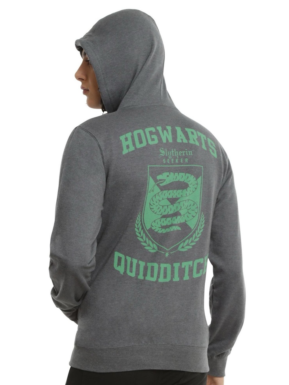 Harry Potter Unisex Gray Hoodie with Green Hogwarts Slytherin Quidditch Crest